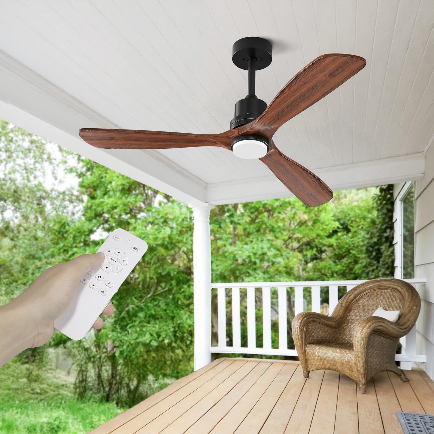 Obabala 52 Inch Ceiling Fans with Lights and Remote Control-Outdoor Ceiling Fan with Light 3 Walnut Wood Blade for Bedroom Living Room Indoor Farmhouse Patio, Reversible Noiseless DC Motor