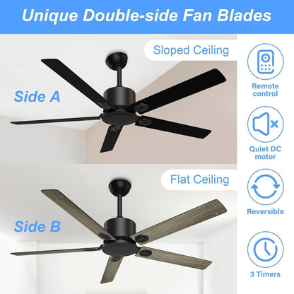 BECLOG 52 in Outdoor Ceiling Fans, Black Ceiling Fan No Light with Remote Control without Light, 5 Blades, 6 Speed Reversible DC Motor Modern for Patios, Garage, Bedroom, Porch (Black)