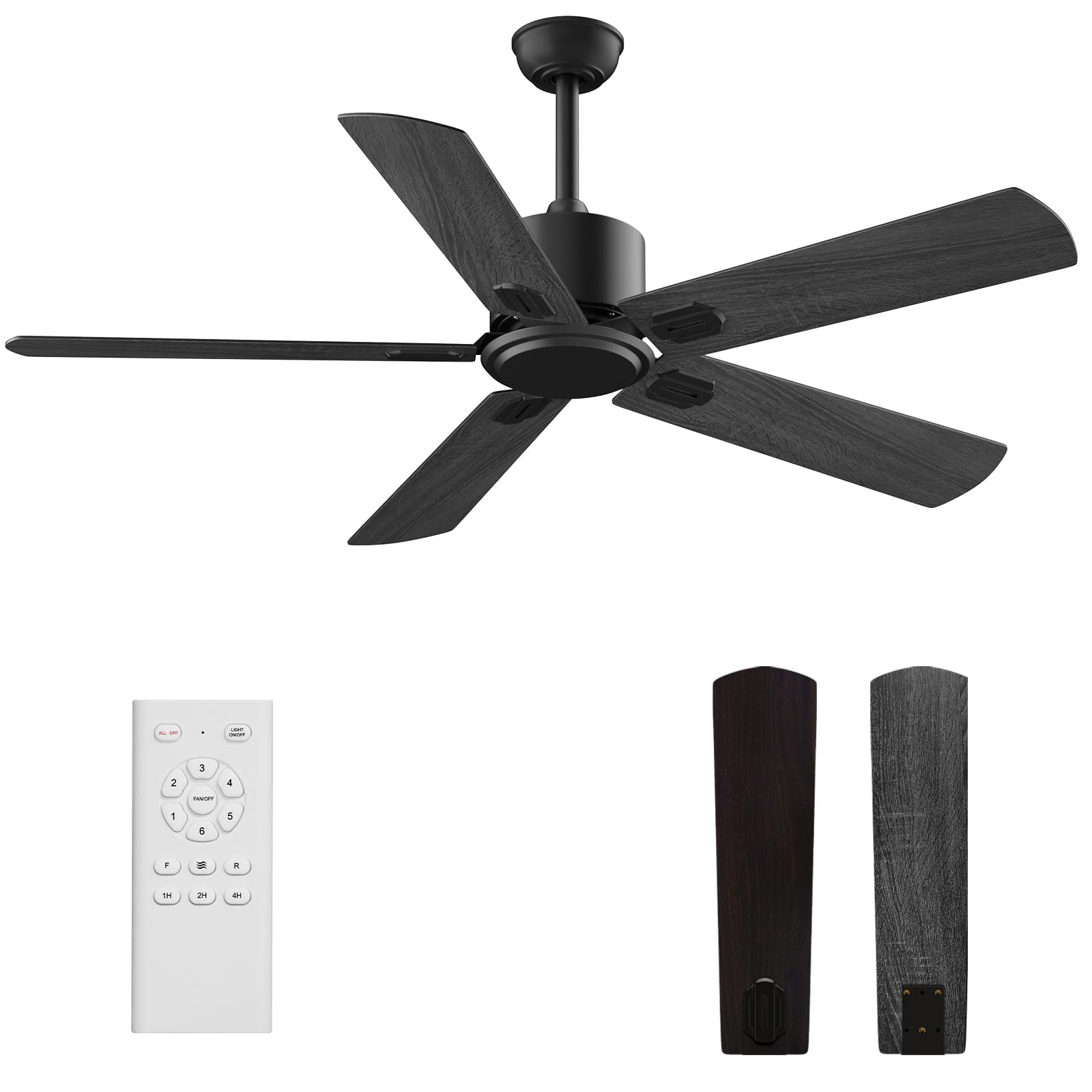 52 Inch Ceiling Fan No Light - Outdoor Indoor Flush Mount Low Profile DC Motor Fan with Remote and APP, 5 Blades Reversible Silent Fan for Patio, Bedroom, Living Room, Garage Black