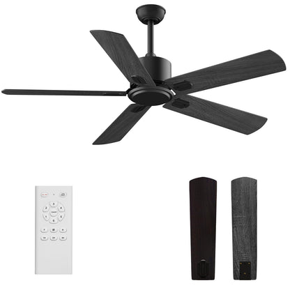 52 Inch Ceiling Fan No Light - Outdoor Indoor Flush Mount Low Profile DC Motor Fan with Remote and APP, 5 Blades Reversible Silent Fan for Patio, Bedroom, Living Room, Garage Black