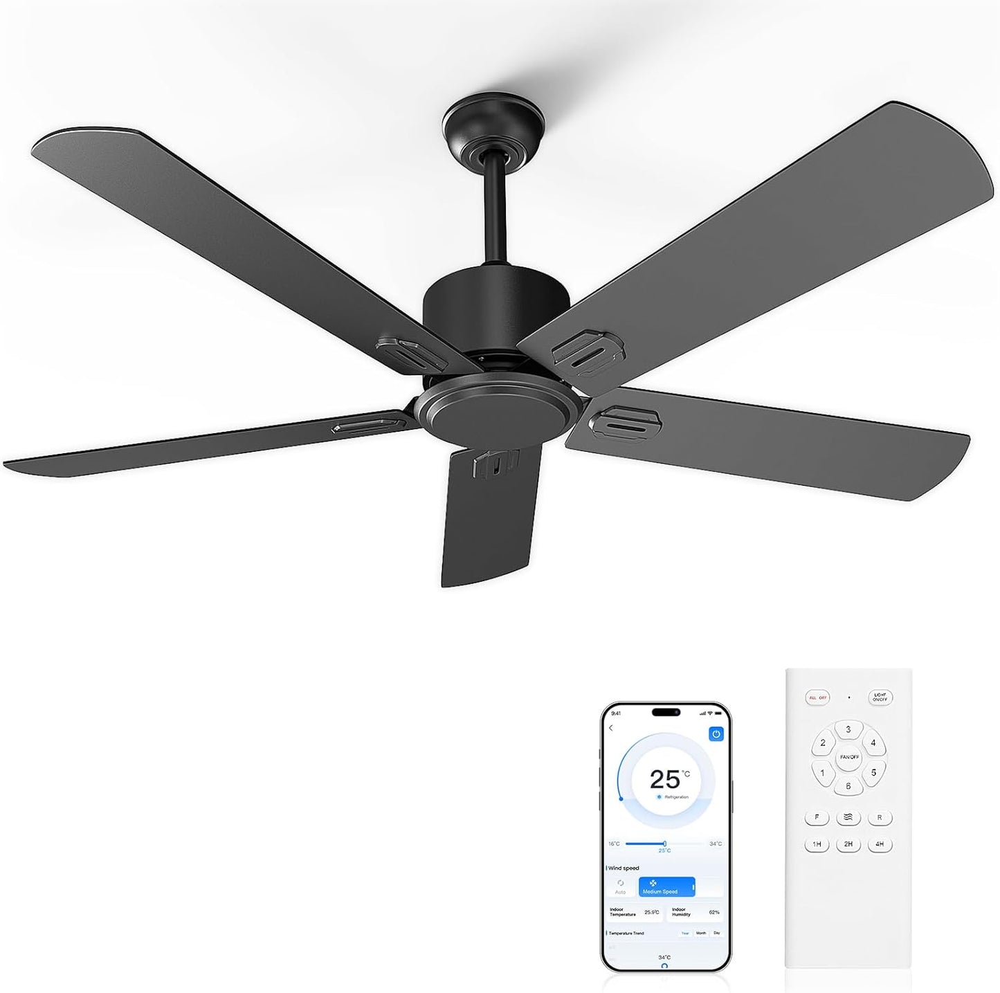 52 Inch Ceiling Fan No Light - Outdoor Indoor Flush Mount Low Profile DC Motor Fan with Remote and APP, 5 Blades Reversible Silent Fan for Patio, Bedroom, Living Room, Garage Black