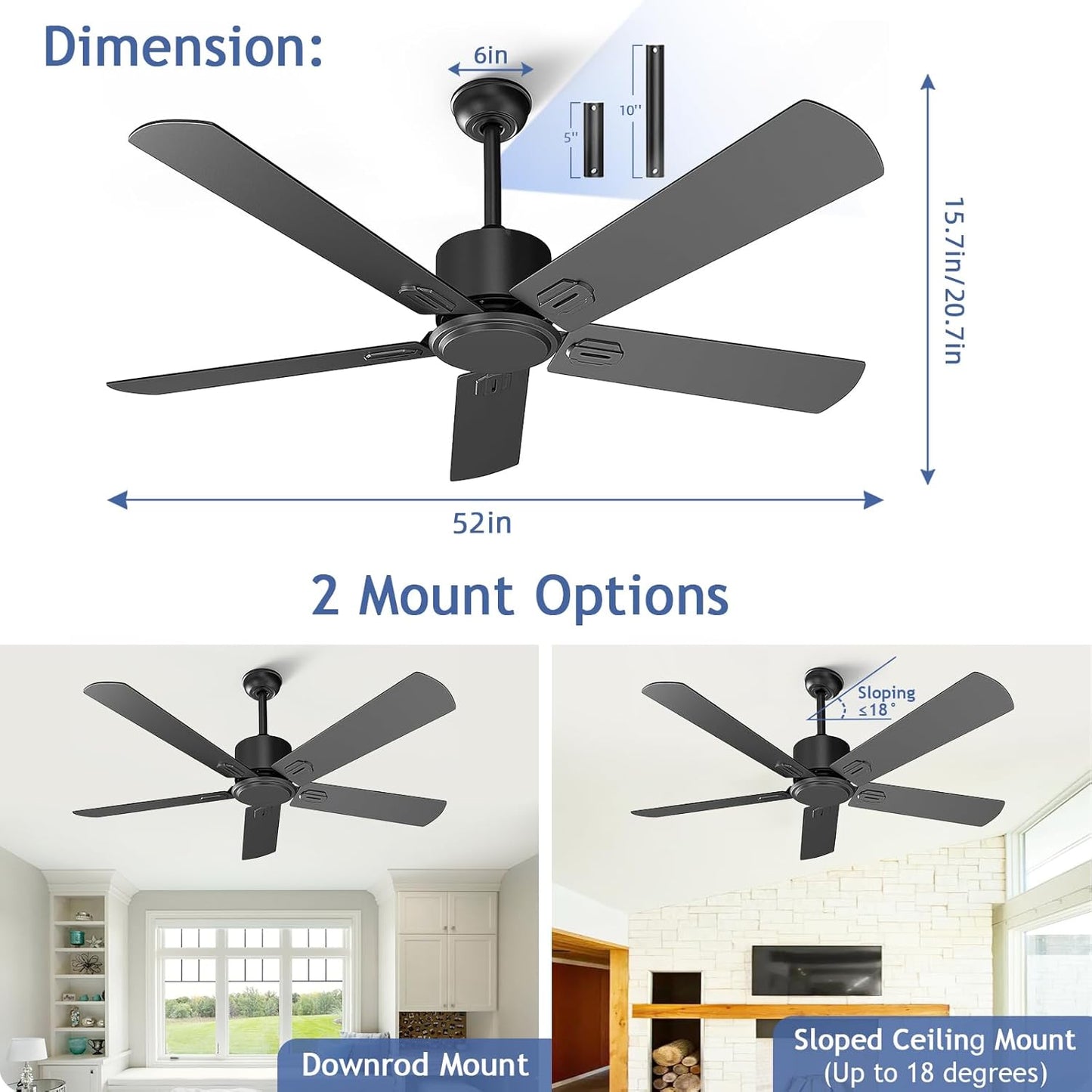 52 Inch Ceiling Fan No Light - Outdoor Indoor Flush Mount Low Profile DC Motor Fan with Remote and APP, 5 Blades Reversible Silent Fan for Patio, Bedroom, Living Room, Garage Black