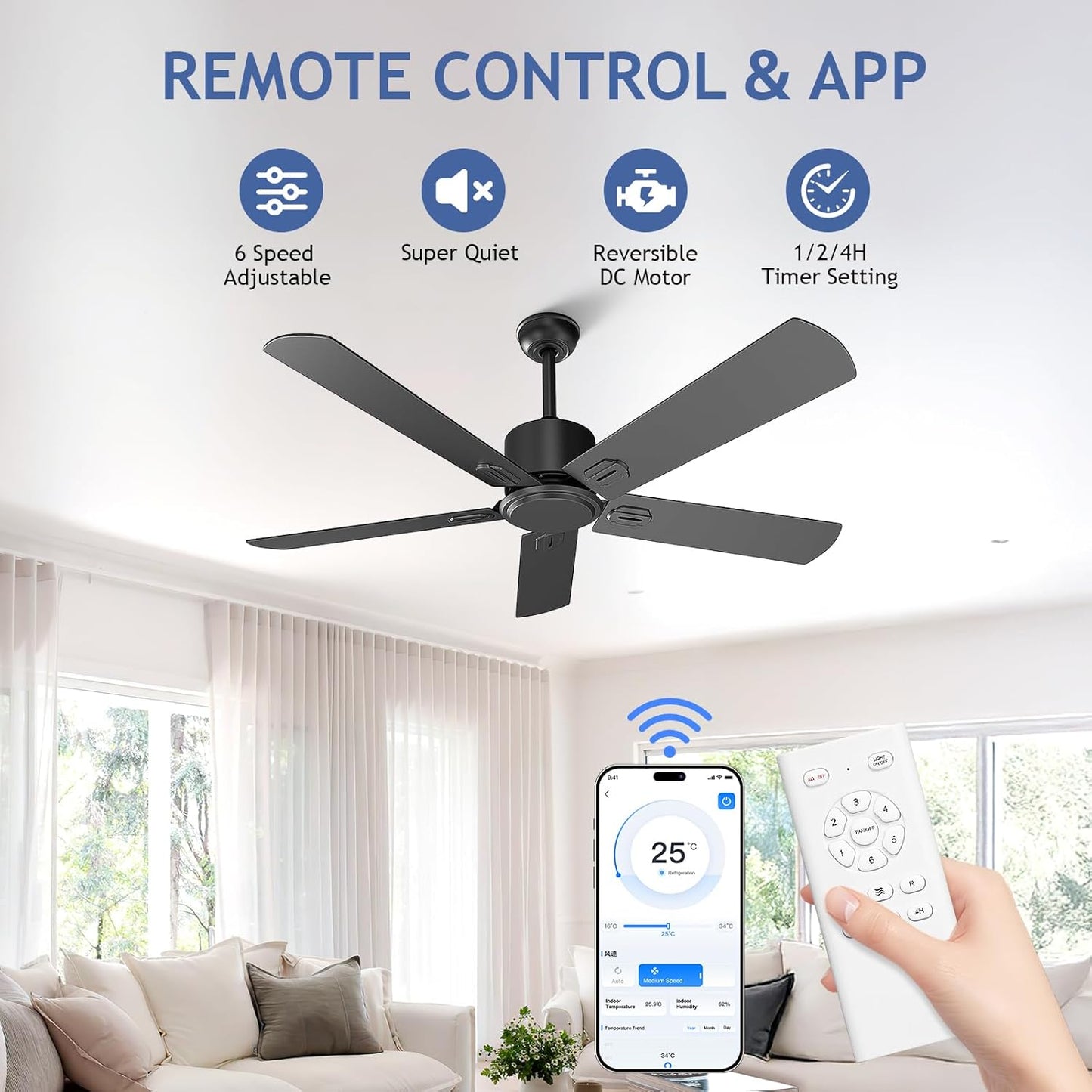 52 Inch Ceiling Fan No Light - Outdoor Indoor Flush Mount Low Profile DC Motor Fan with Remote and APP, 5 Blades Reversible Silent Fan for Patio, Bedroom, Living Room, Garage Black