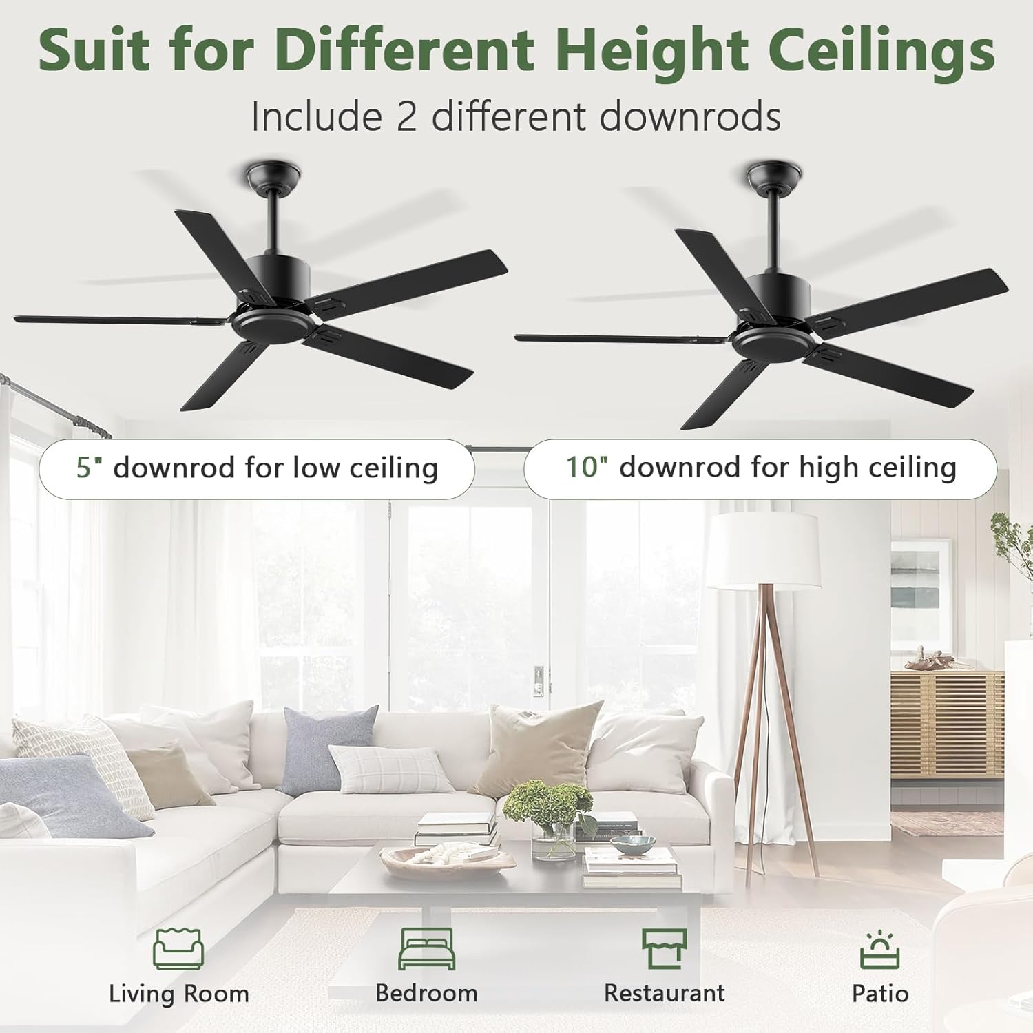 BECLOG Ceiling Fan 60" Outdoor/Indoor, Ceiling Fans with Remote Control with 6 Speeds Reversible DC Motor, Ceiling Fans No Lights Modern Black for Patios, Farmhouse, Kitchen, Living Room, Bedroom