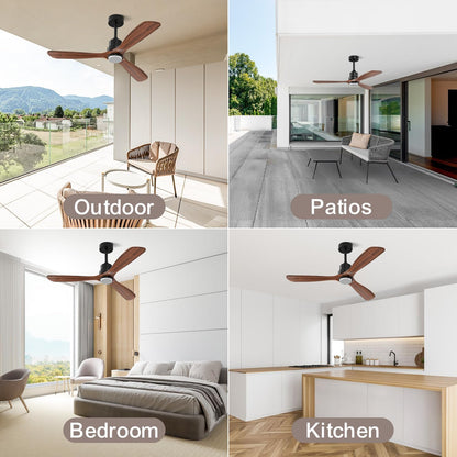 Obabala 52 Inch Ceiling Fans with Lights and Remote Control-Outdoor Ceiling Fan with Light 3 Walnut Wood Blade for Bedroom Living Room Indoor Farmhouse Patio, Reversible Noiseless DC Motor
