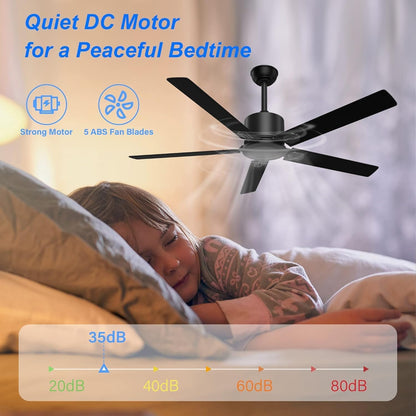 BECLOG 52 in Outdoor Ceiling Fans, Black Ceiling Fan No Light with Remote Control without Light, 5 Blades, 6 Speed Reversible DC Motor Modern for Patios, Garage, Bedroom, Porch (Black)