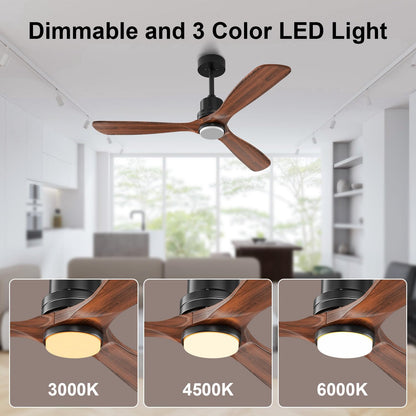 Obabala 52 Inch Ceiling Fans with Lights and Remote Control-Outdoor Ceiling Fan with Light 3 Walnut Wood Blade for Bedroom Living Room Indoor Farmhouse Patio, Reversible Noiseless DC Motor