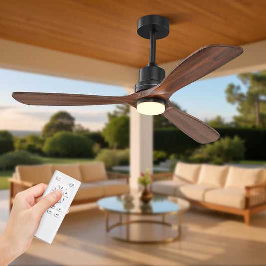 Obabala 52 Inch Ceiling Fans with Lights and Remote Control-Outdoor Ceiling Fan with Light 3 Walnut Wood Blade for Bedroom Living Room Indoor Farmhouse Patio, Reversible Noiseless DC Motor