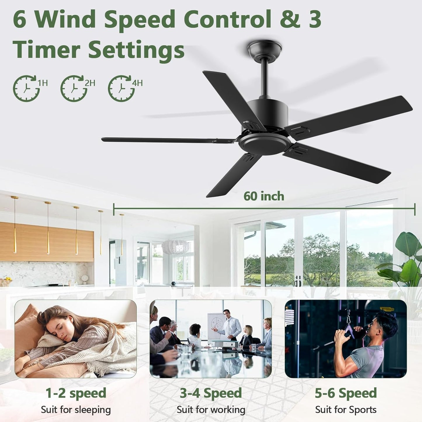BECLOG Ceiling Fan 60" Outdoor/Indoor, Ceiling Fans with Remote Control with 6 Speeds Reversible DC Motor, Ceiling Fans No Lights Modern Black for Patios, Farmhouse, Kitchen, Living Room, Bedroom
