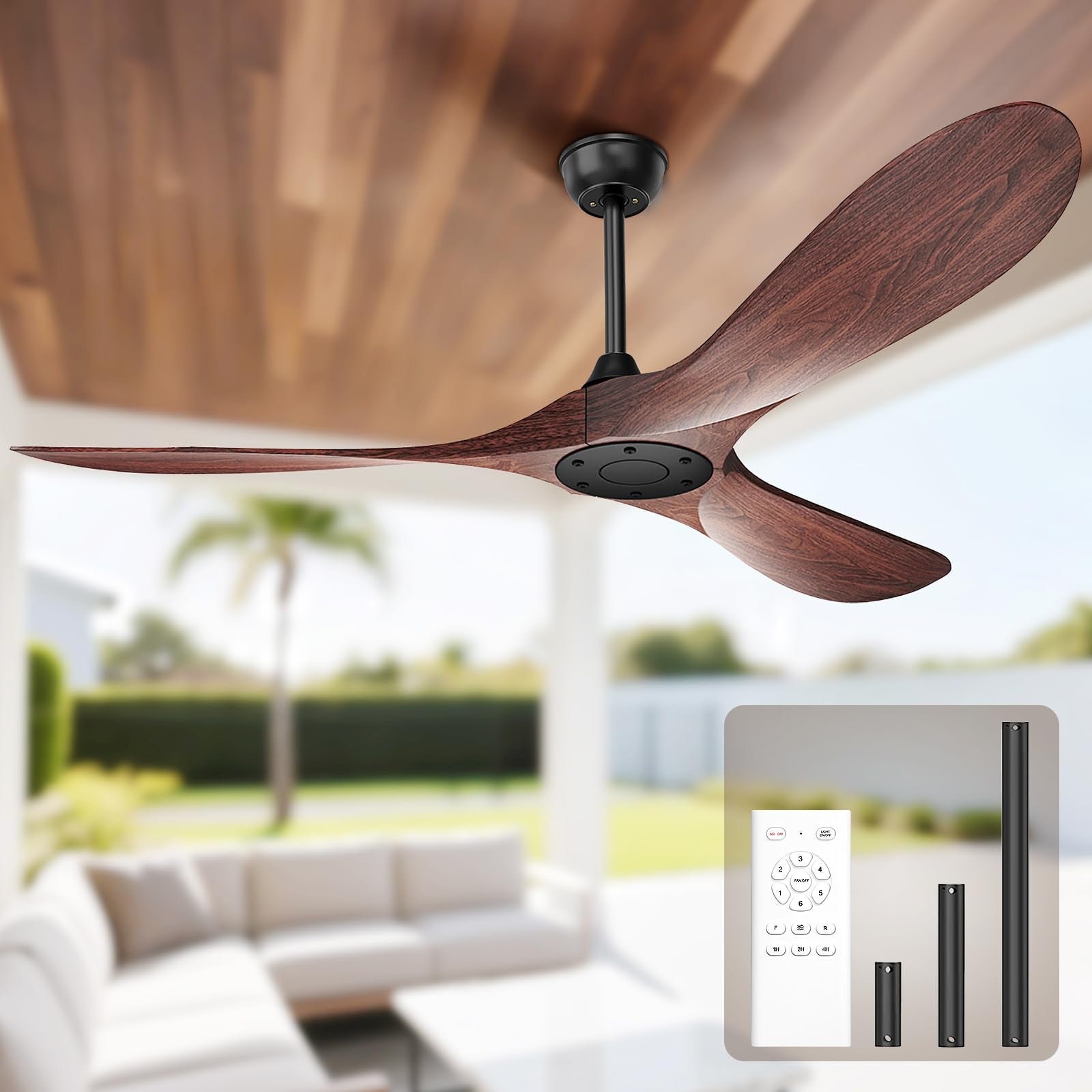 52 Inch Ceiling Fan Without Lights, Walnut Finish | Outdoor Ceiling Fan with Remote, 6-Speed Adjustable Reversible DC Motor for Patio & Living Room