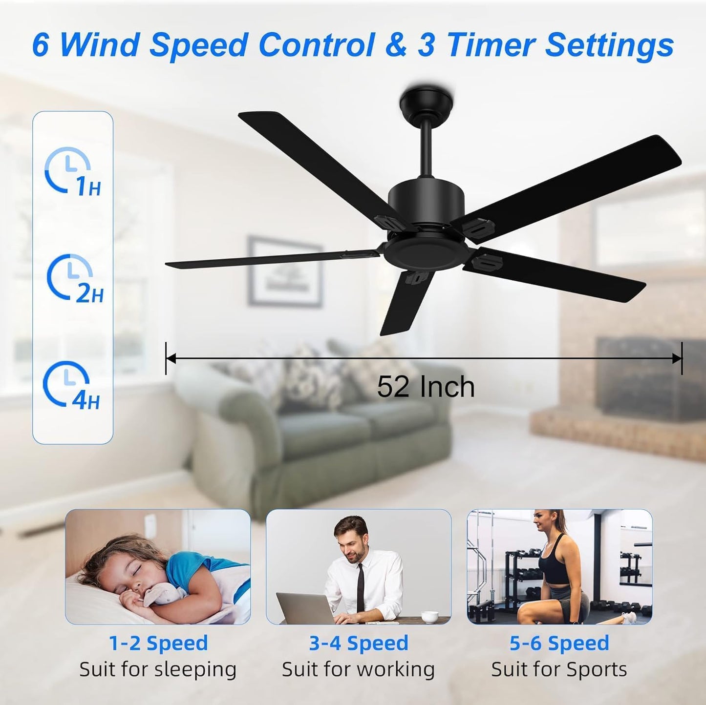 BECLOG 52 in Outdoor Ceiling Fans, Black Ceiling Fan No Light with Remote Control without Light, 5 Blades, 6 Speed Reversible DC Motor Modern for Patios, Garage, Bedroom, Porch (Black)