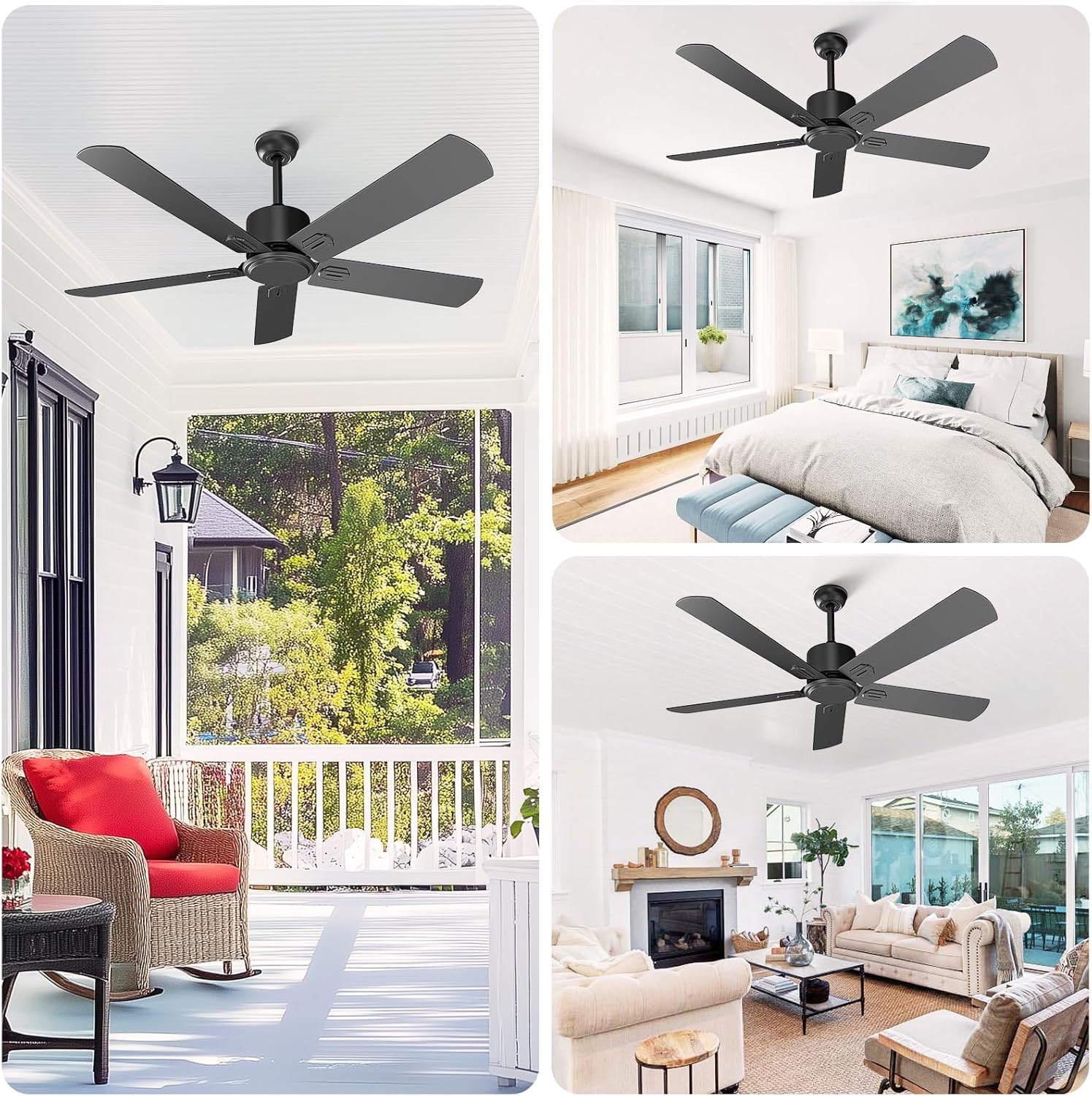 52 Inch Ceiling Fan No Light - Outdoor Indoor Flush Mount Low Profile DC Motor Fan with Remote and APP, 5 Blades Reversible Silent Fan for Patio, Bedroom, Living Room, Garage Black