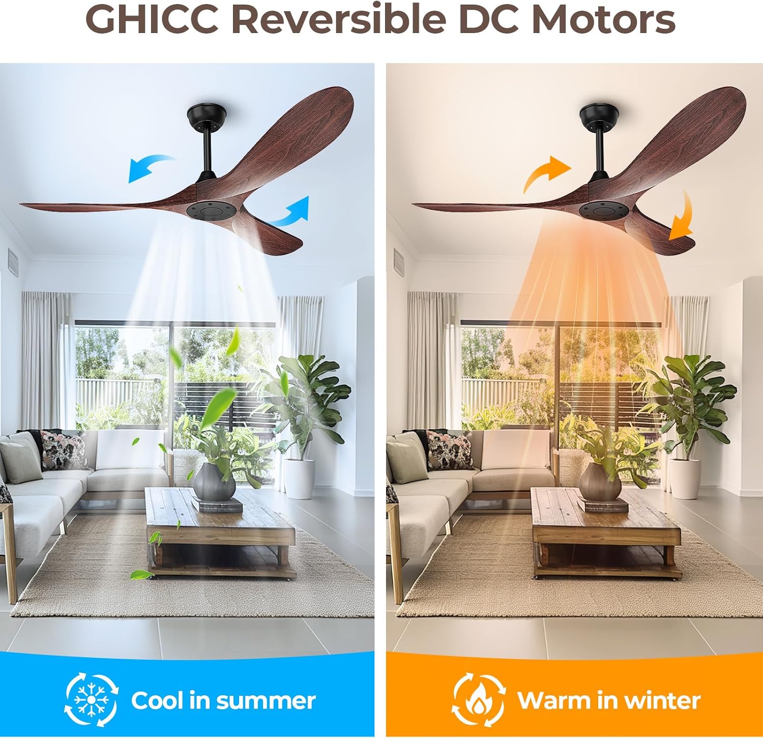 52 Inch Ceiling Fan Without Lights, Walnut Finish | Outdoor Ceiling Fan with Remote, 6-Speed Adjustable Reversible DC Motor for Patio & Living Room