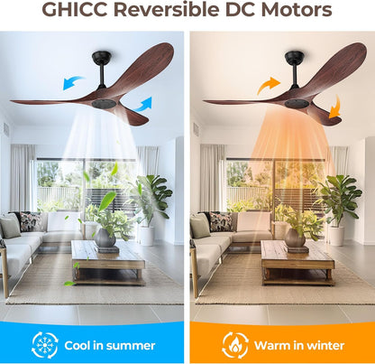 52 Inch Ceiling Fan Without Lights, Walnut Finish | Outdoor Ceiling Fan with Remote, 6-Speed Adjustable Reversible DC Motor for Patio & Living Room