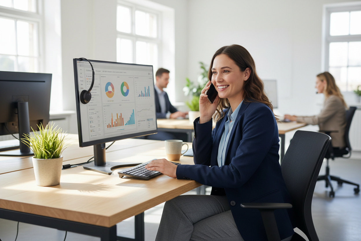 A lady working in customer care holding a phone 